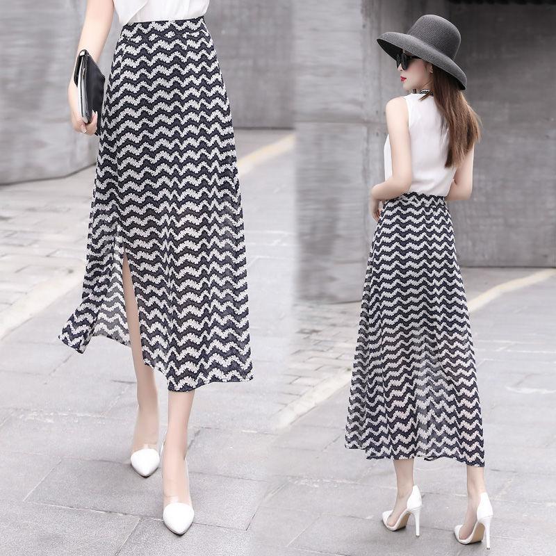 Summer Women's New High Waist Slimming Chiffon A-line Skirt Floral Half Length Skirt Medium Length Skirt