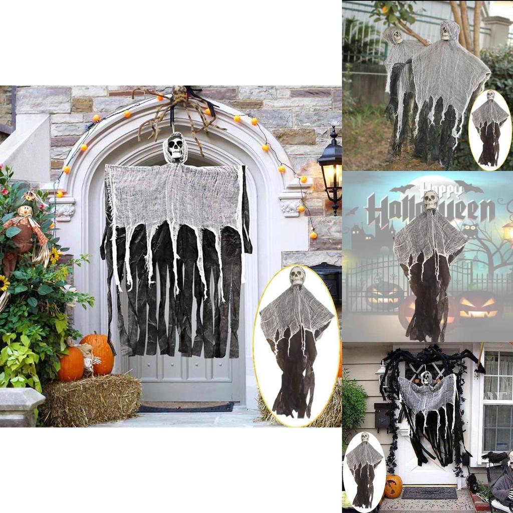 Läskig Halloween-dekoration Hängande spökskalle med gasväv För spökhus Läskig rekvisita