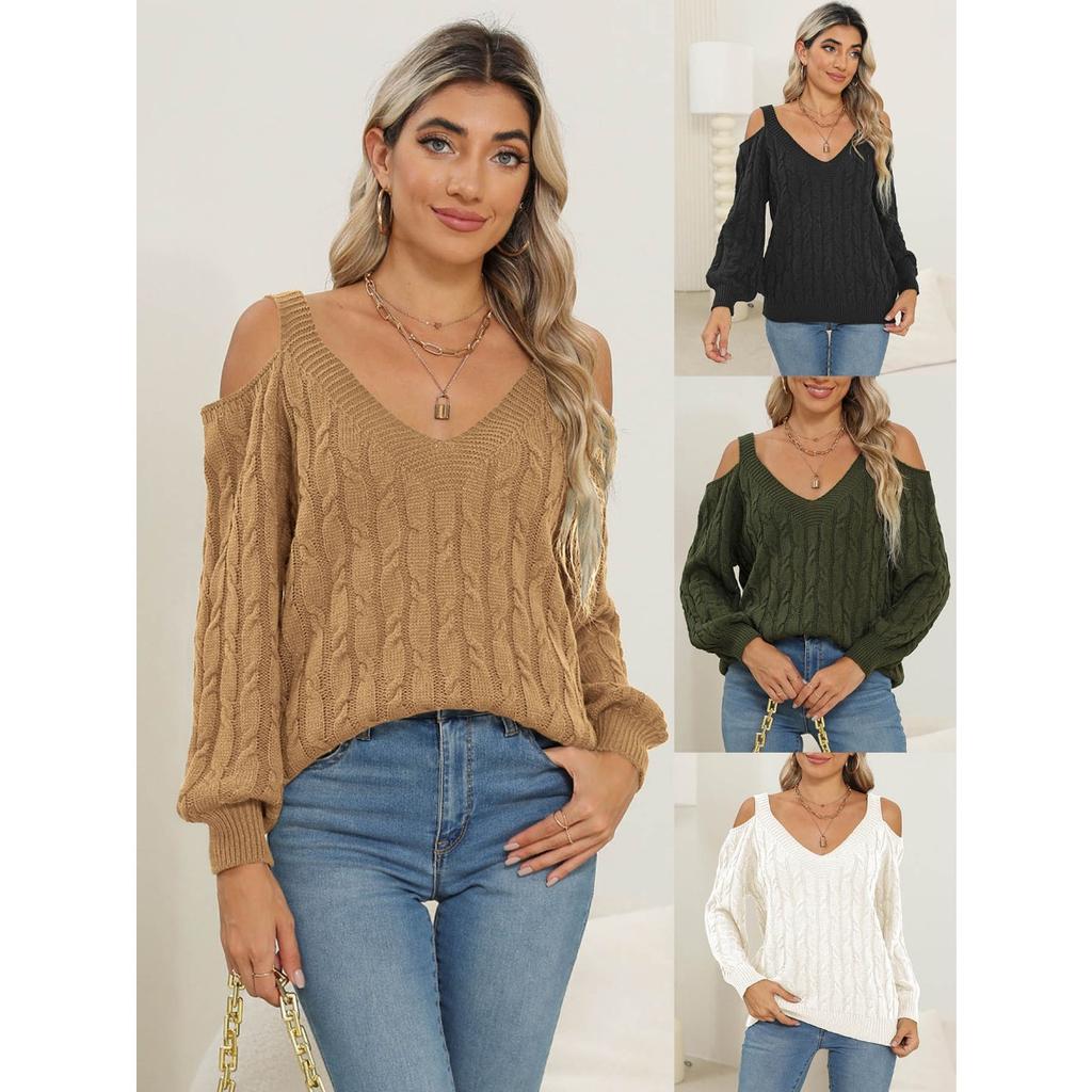 Women's Deep V Off Shoulder Loose Slouchy Knit Pullover Sweater, Fall Winter  Basic Top for Ladies