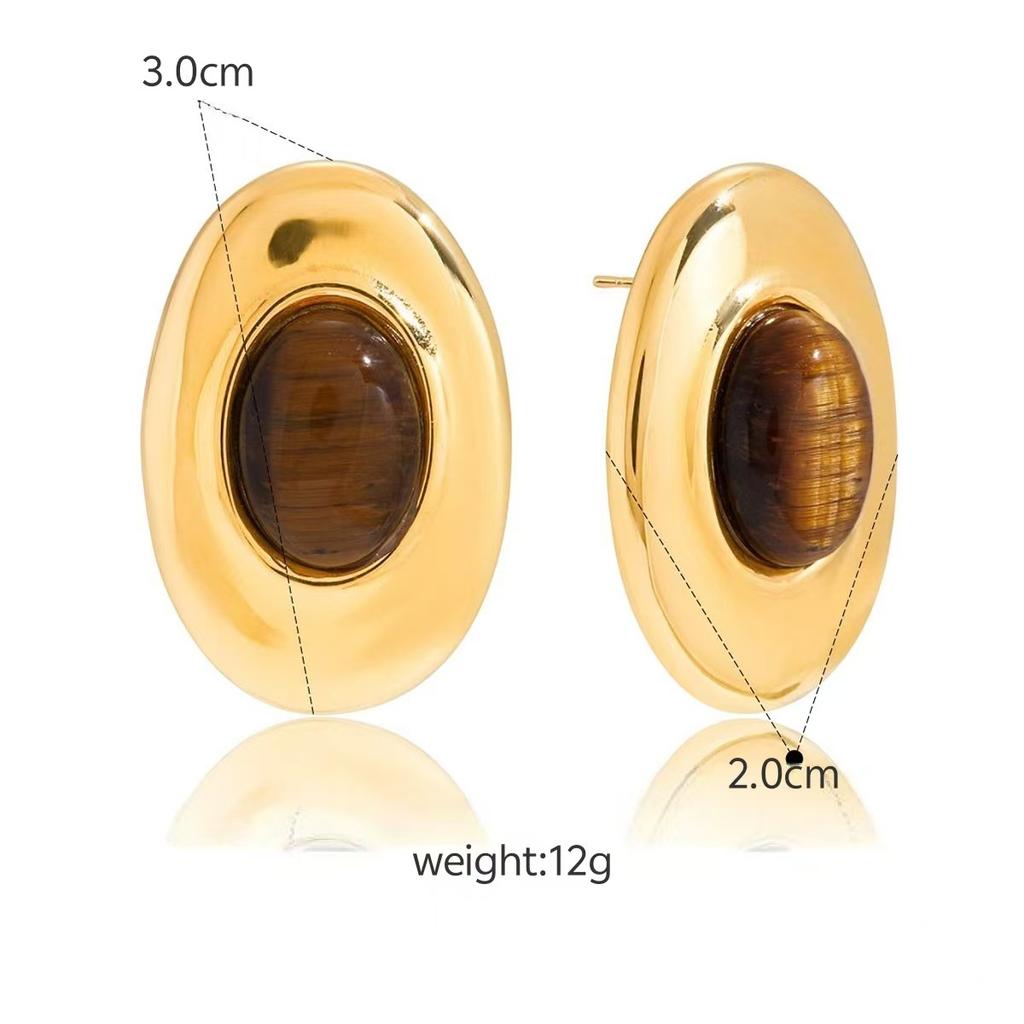 Titanium Steel Tiger's Eye Stone Stud Earrings Light Luxury High-end Autumn and Winter Earrings Do Not Fade 18k Gold Titanium Steel Jewelry 2026