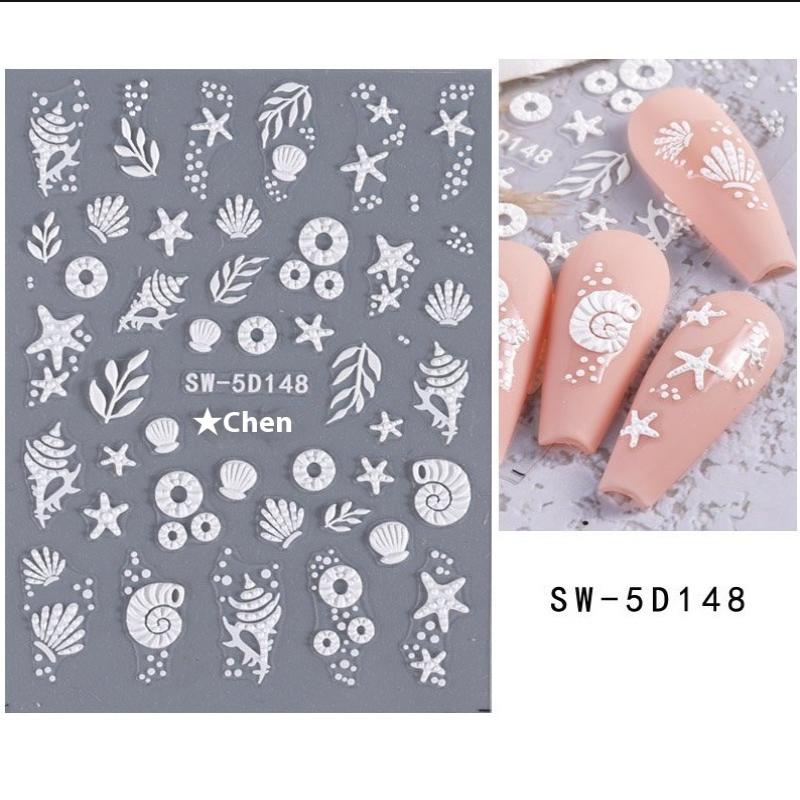 Jellyfish Summer Beach Nail Stickers Colorful Shell Starfish Conch Fish Adhesive Sliders Embossed Decals Manicure Foils Decor