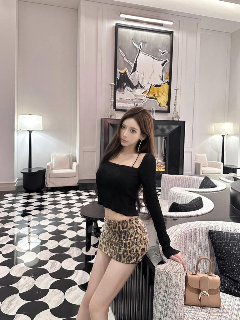 2024 Autumn Trendy Leopard Print Sequin Low Waist Short Skirt