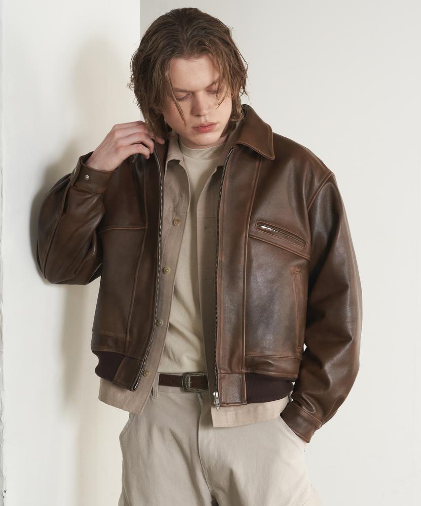 Sperone [Real Leather] Lambskin Washed Semi-Over Jacket (Brown)