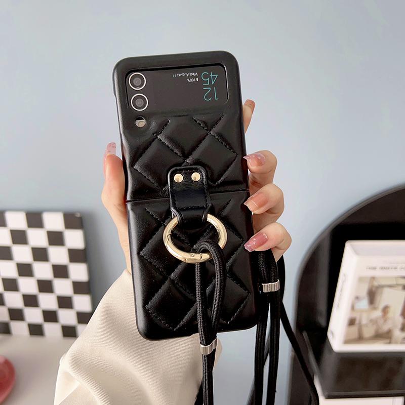 Držiak na prsteň Crossbody Remienok Puzdro pre Samsung Galaxy Z Flip 3 Flip 4 Z Flip 5 5G Obal módne mriežkovaný náhrdelník Lanyard Lano Kožená taška