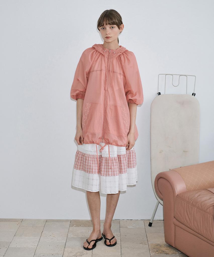 Sinun Smocking Color Block Flare Skirt (Red)