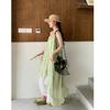 French fresh green lace floral splicing suspender dress women's summer temperament seaside vacation irregular long dress
