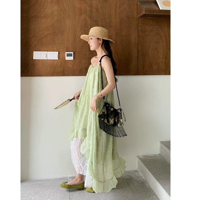 French fresh green lace floral splicing suspender dress women's summer temperament seaside vacation irregular long dress