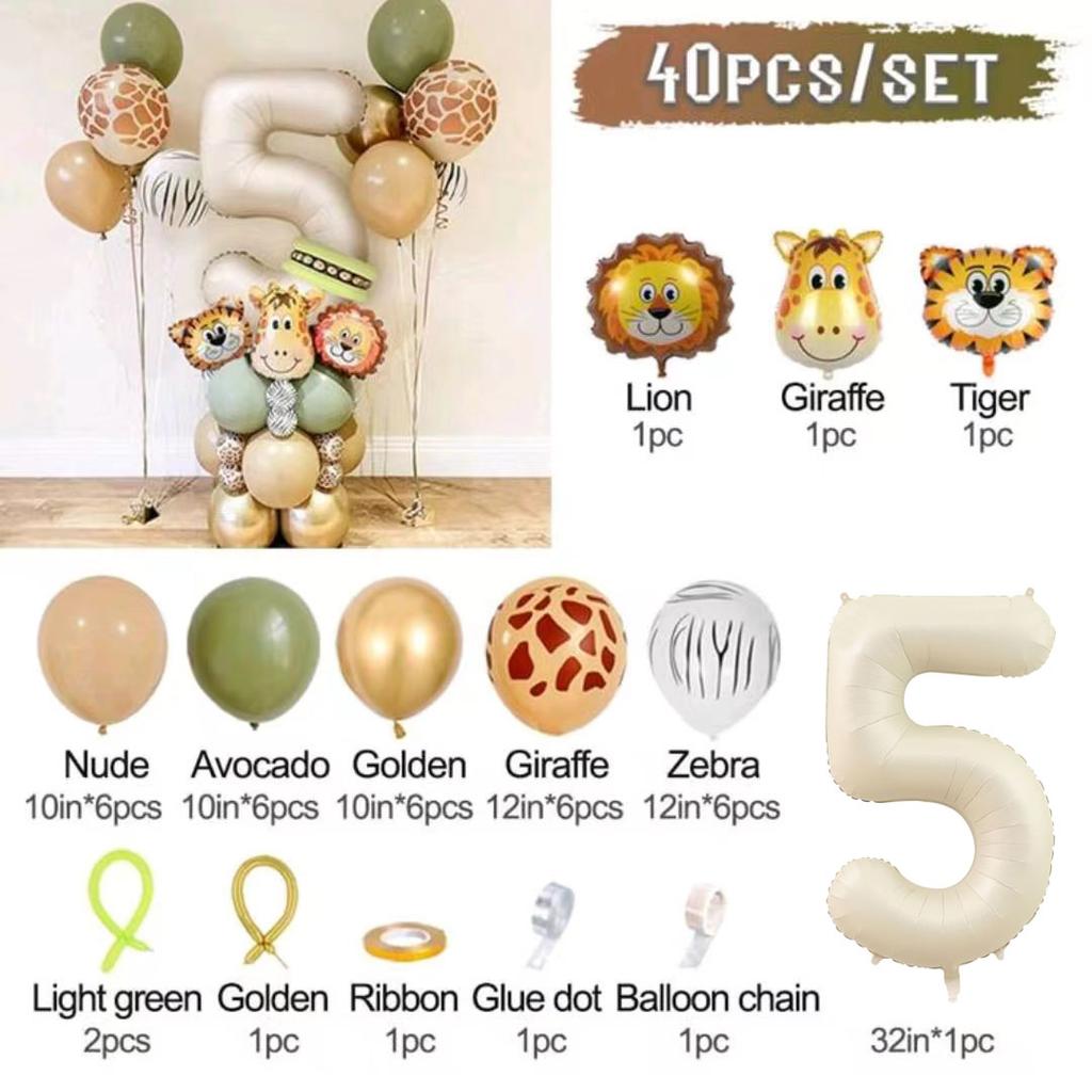 40pcs Jungle Retro Animal Balloon Set Lion Giraffe Balloon 1-9 Birthday Decoration Anniversary Jungle Theme Party Decoration