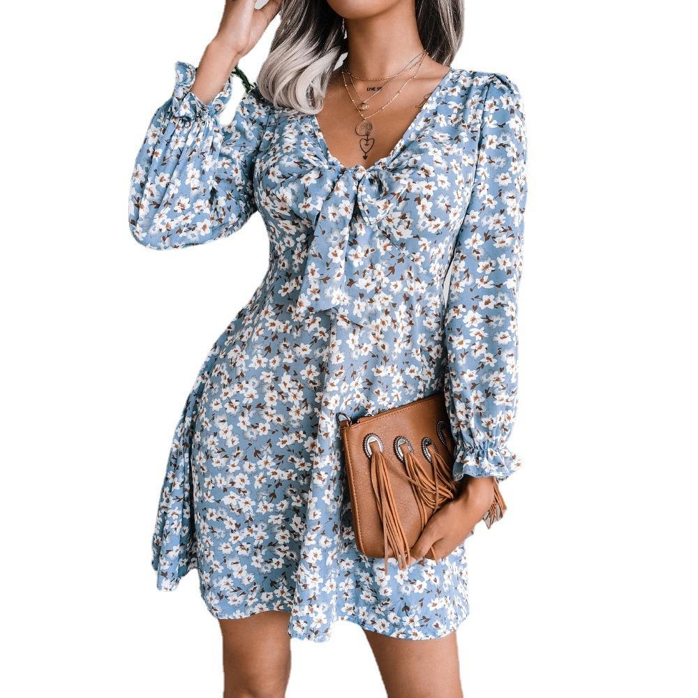 Spring and Summer European and American Casual Bow Floral Chiffon Dress
