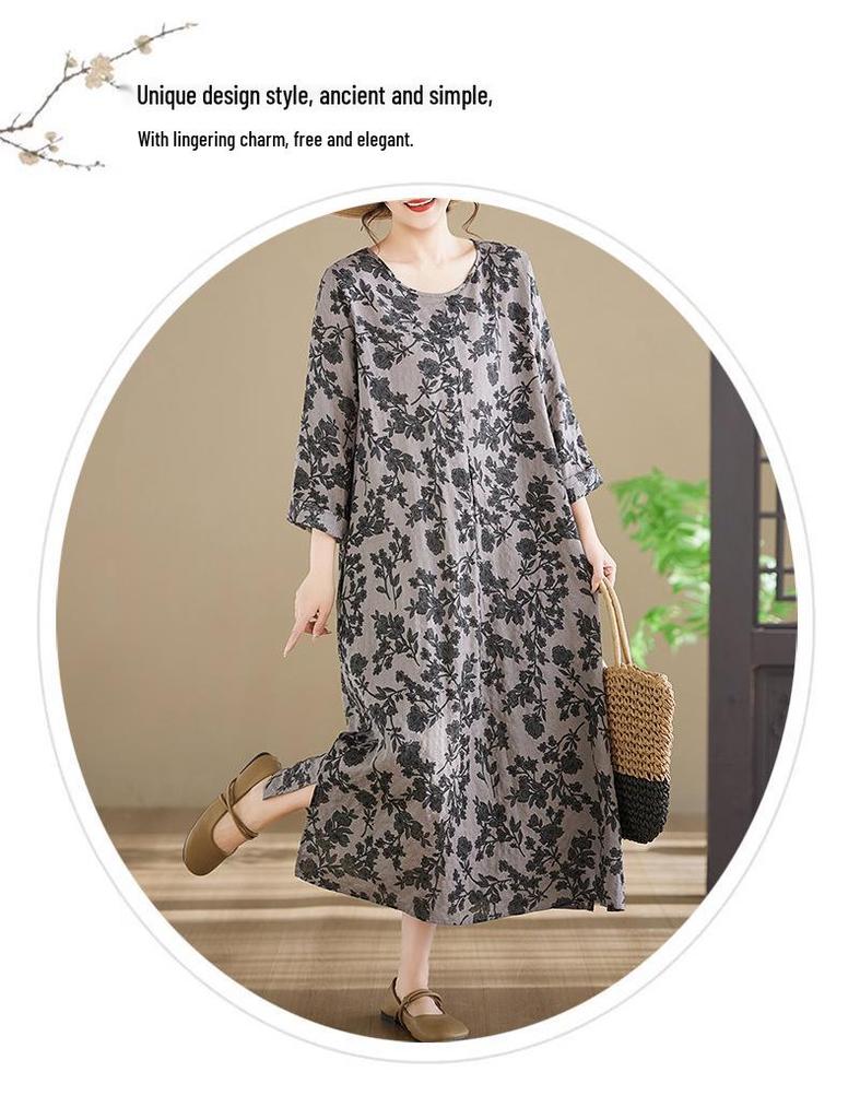 In-Stock Printed Cotton Plus Size Long-Sleeve Women's Dress with Round Neckline