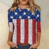 Women's Fashionable Casual Independence Day Flag and Stars Print Neck Three-Quarter Sleeve T-Shirt Top