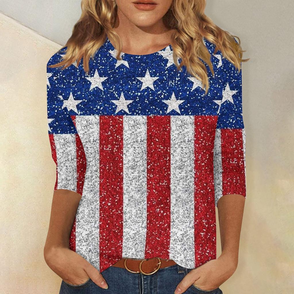 Women's Fashionable Casual Independence Day Flag and Stars Print Neck Three-Quarter Sleeve T-Shirt Top