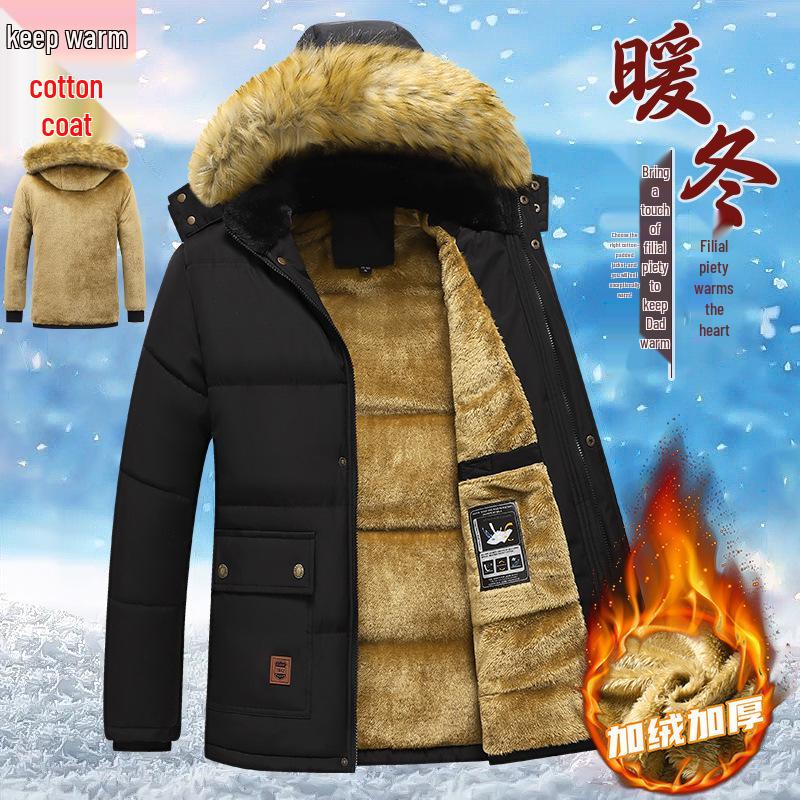 Men's European Size Cotton-Padded Jacket: Winter Mid-Length Dad's Coat with Velvet Lining, Plus-Size, Extra Warm