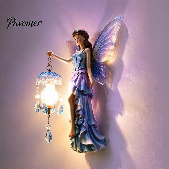 Elegant Entrance Hall Lighting Fairy Wall Night Light, Resin Elf Sculpture Lantern for Bedroom, 3D Faux Crystal Pendant Hanging Art Decor with