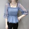 Mesh-Einsätze Wellenpunkt Bluse Damen Crop Top Quadratischer Ausschnitt Chiffonhemd Elastischer Raffrücken Temperament Feenhafter Stil Sommer