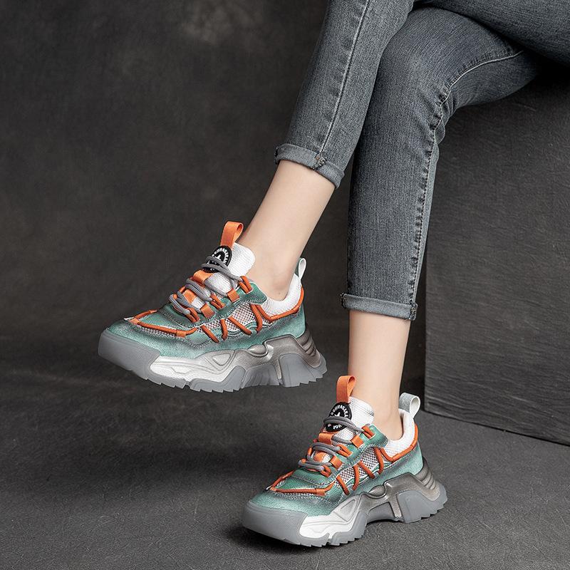 2026 Sommer Neu Dicke Sohle Vollrindleder Mesh Atmungsaktiv Dad Schuhe Mode Lässig Damen Sneaker