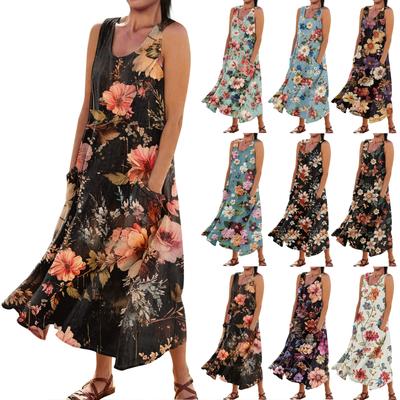 Lässiges, bequemes, ärmelloses Baumwolltaschenkleid mit Blumendruck für Damen