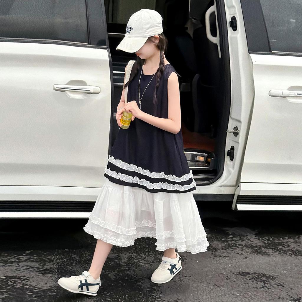 Girls' Korean Style Sleeveless Lace Dress - Summer Patchwork Princess Skirt for Older Children