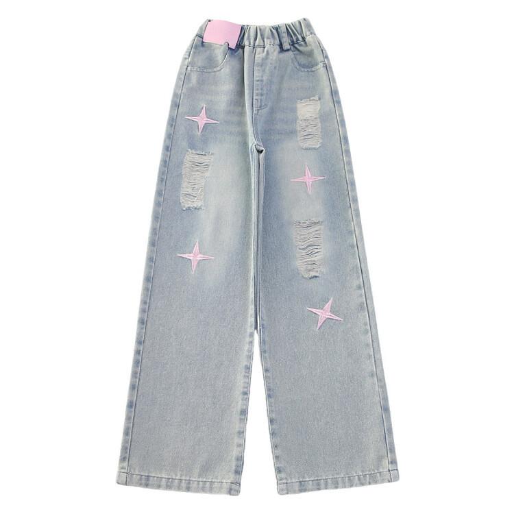 Girls' Wide Leg Pants Girls' Jeans Straight Leg Children's Ripped Jeans Spring and Autumn Styles