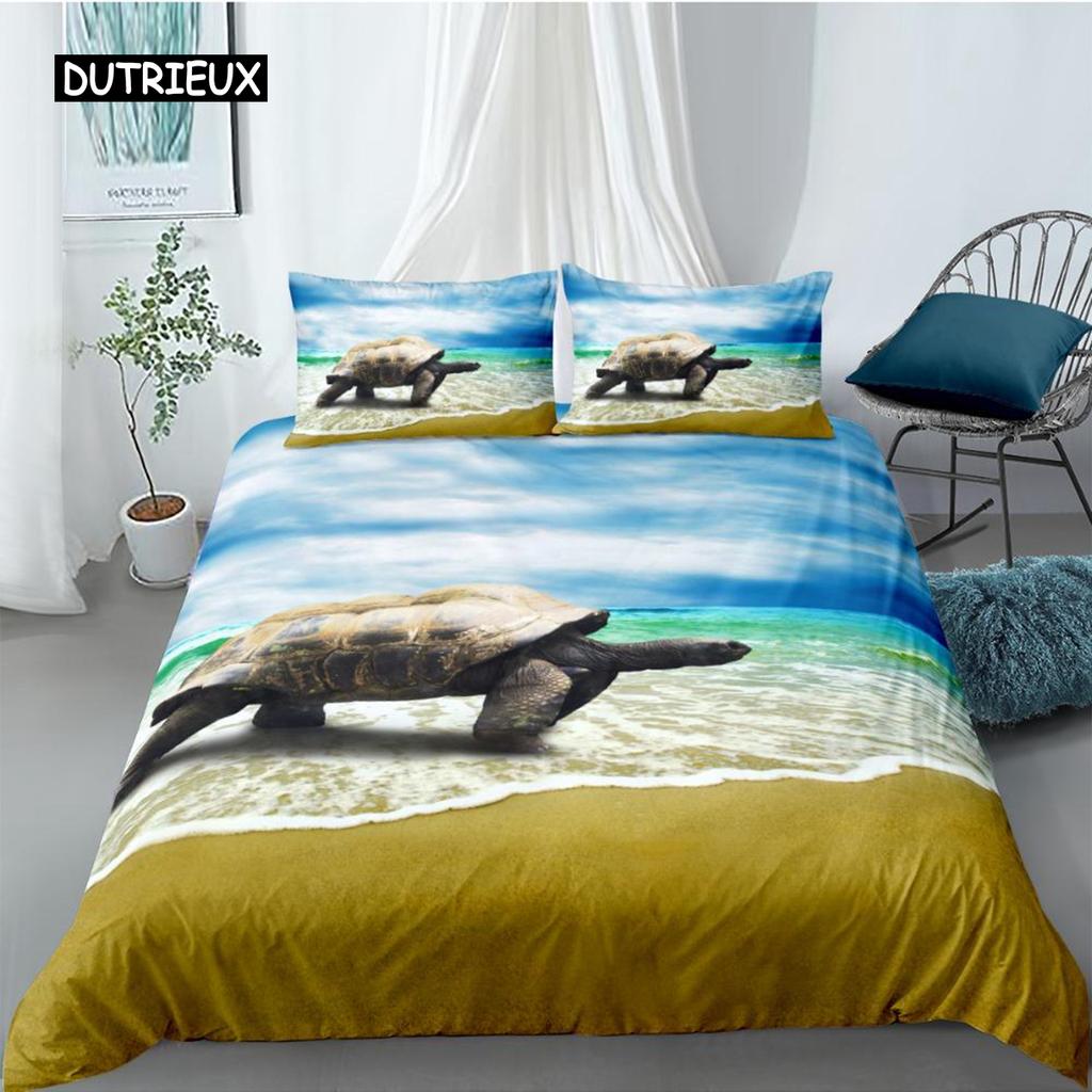Ocean Duvet Cover Set Queen Double Size Polyester Ocean Animals Fishes Tortoise and Rainbow Color Coral Printed Comforter Cover