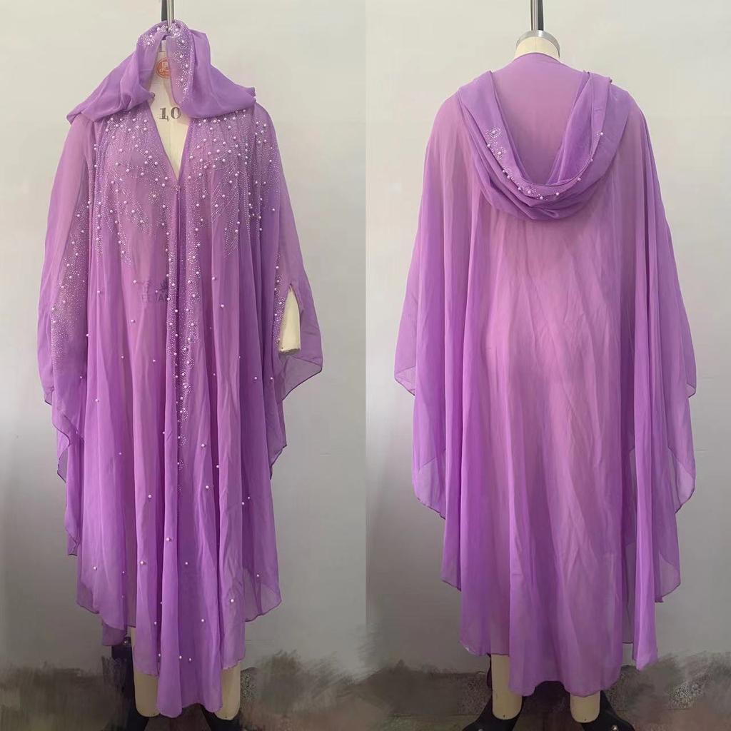 Womne Muslim Dress Embroidered Beads Abaya Dress Muslimah Hooded Robe Chiffon Kaftan Long Dress Middle East Africa Plus Size Maxi Dress