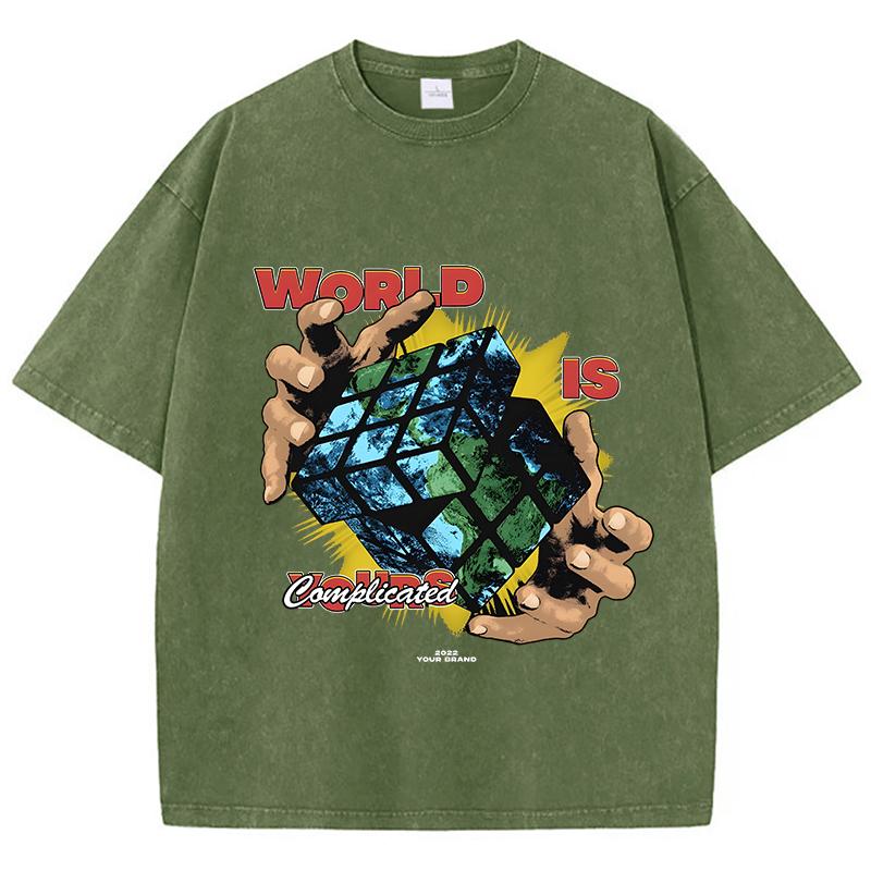 

Casual Womans Acid Wash T-Shirts World Is Complicated Cube Prints Tops Crewneck Oversize Cotton Tee Shirts Clothes 3XL
