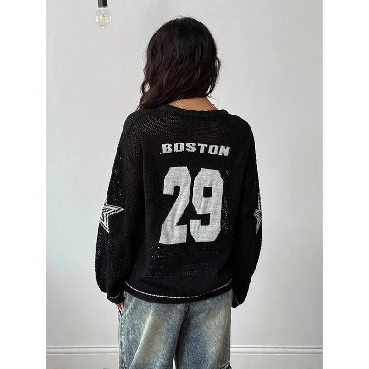 Y2K Stil Sporttrikot Damen Strickoberteile Modischer Digitaldruck Rundhalsausschnitt Langarm Pullover 2026 Sommer Street Trend
