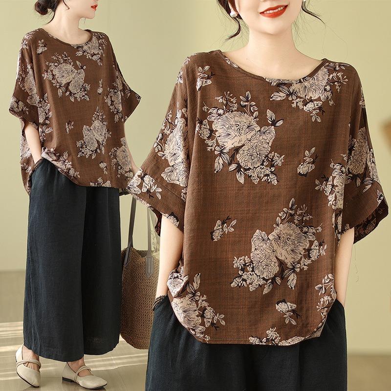 Damen Leinen Baumwolle Blumenmuster Bluse Freizeit Fledermausärmel Locker geschnittenes Hemd
