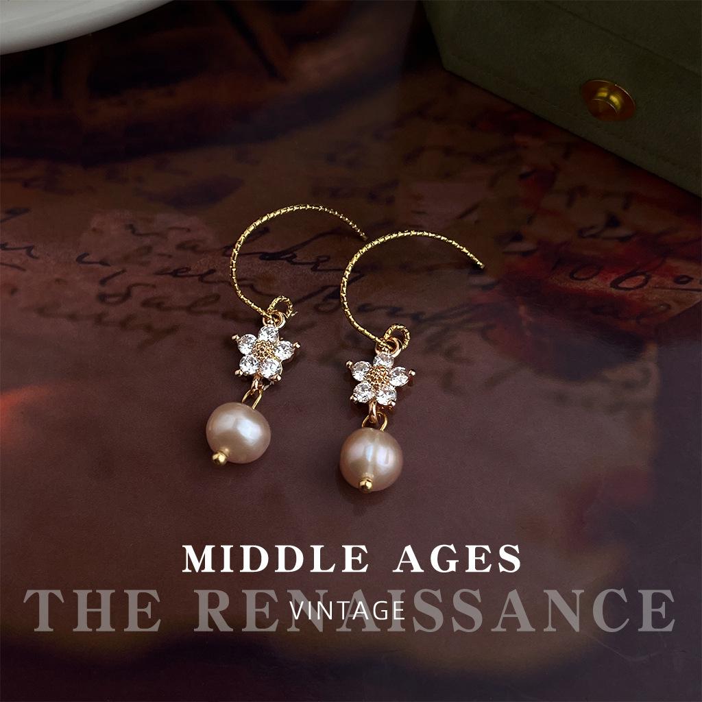 Freshwater Pearl Zircon Flower Earrings French Vintage Elegant Earrings