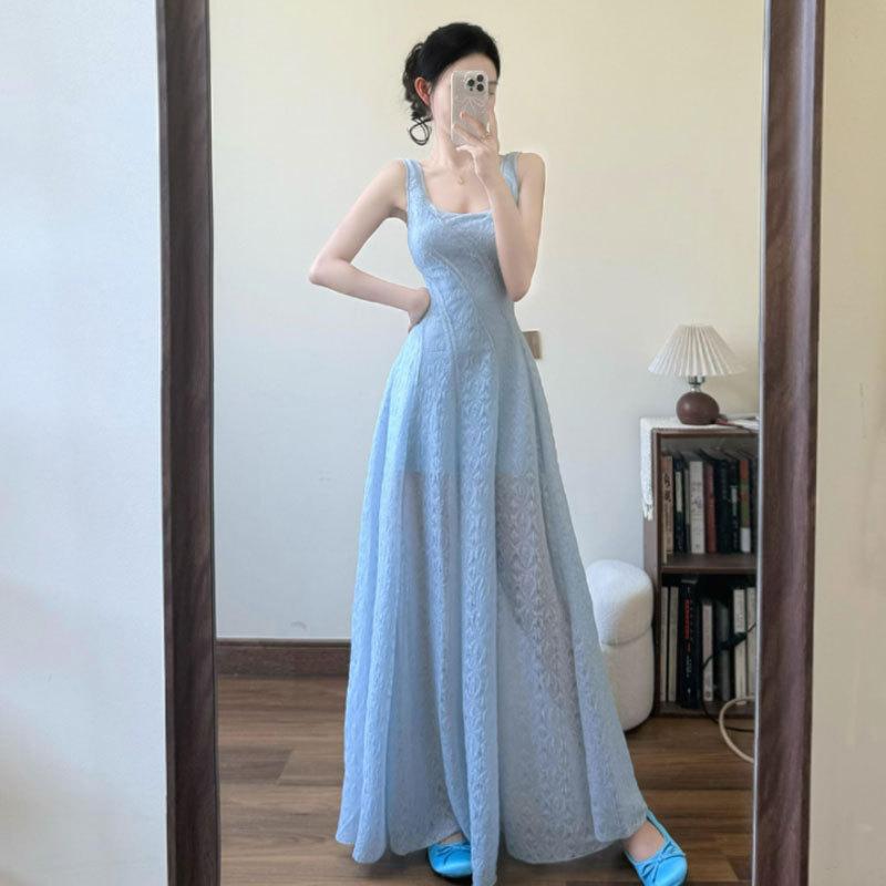 

French beautiful, unique, super good-looking waist slim suspender dress, this year s popular popular dress summer S светло-синий