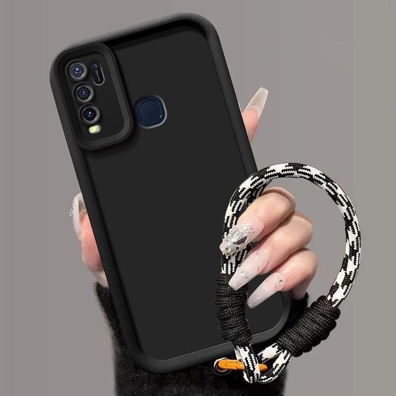 For Vivo Y30 Case Vivo Y30i Phone Case Weaving Lanyard Matte Back Cover Skin Feel Protection Shockproof Case