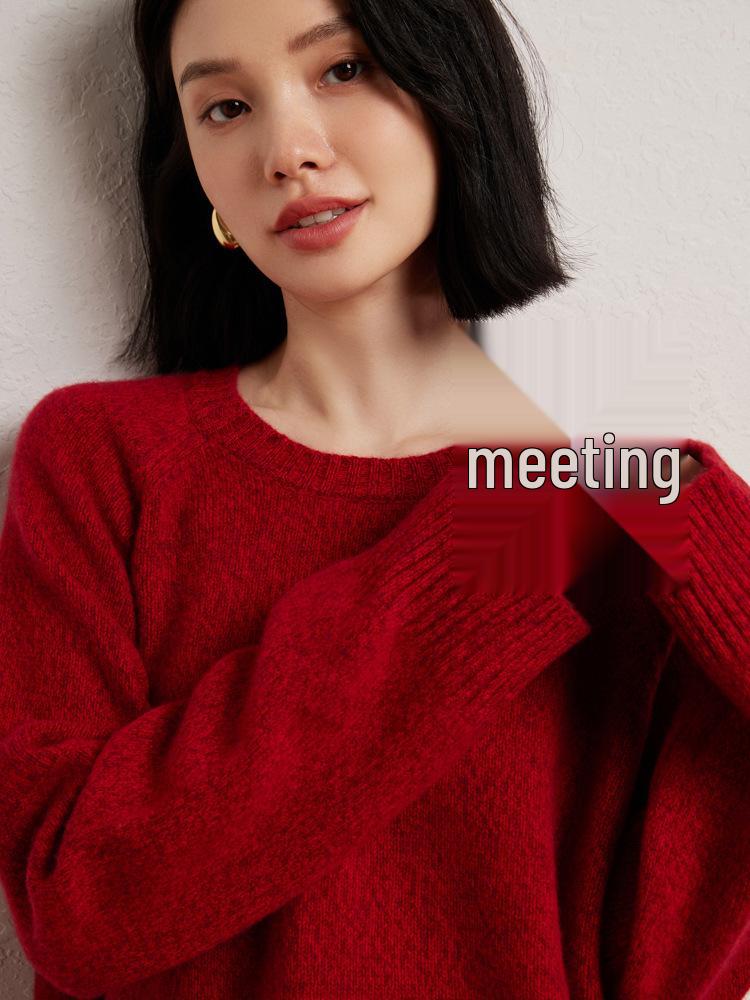 Women's Red Kangsai Ni Cashmere Round Neck Pullover Sweater - Thick, Loose Knit for New Year and Christmas