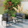 4-Piece Garden Furniture Set, 1 Sofa, 2 Armchairs, 1 Table with Glass Top, Cushions, Steel Frame, Plastic Rattan, Gray
