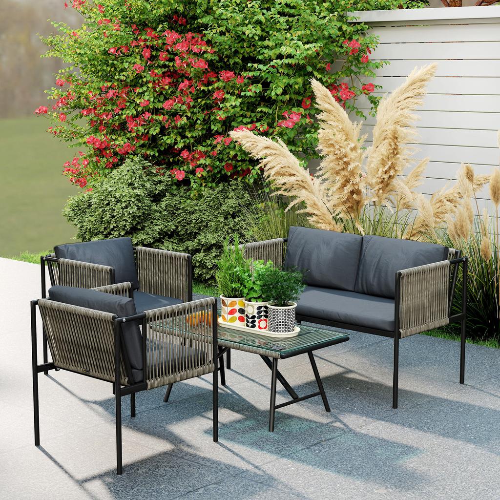 4-Piece Garden Furniture Set, 1 Sofa, 2 Armchairs, 1 Table with Glass Top, Cushions, Steel Frame, Plastic Rattan, Gray