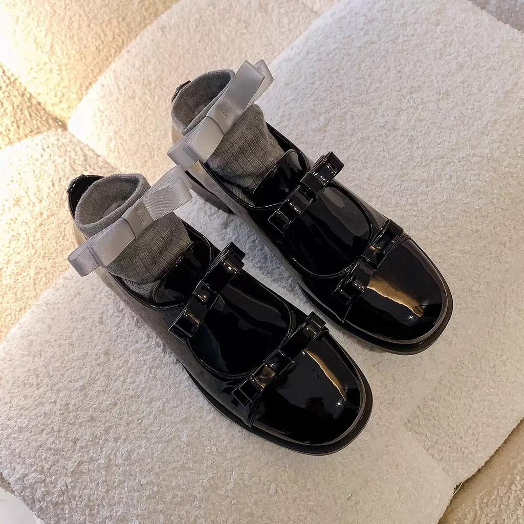 Cowhide Version~ British Style Bow Small Leather Shoes Women's Platform Loafers Genuine Leather Black One-pedal Lazy Single Shoes