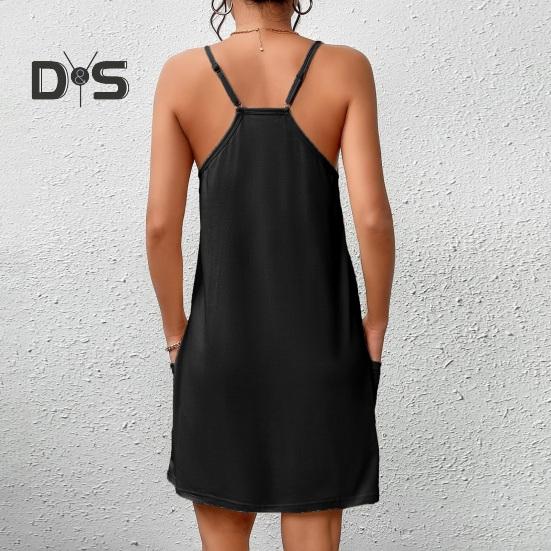 Damen Nachthemd Ärmelloses Chemise Pyjamakleid Spaghettiträger Racerback Tankkleid mit Taschen Sommer Lockere Nachtwäsche