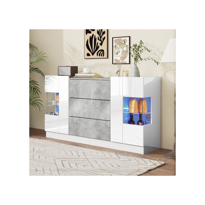 Buffet Élégant, 2 Portes Et 3 Tiroirs - Plateau En Marbre Blanc Et Gris Brillant, Éclairage LED 16 Couleurs, 140 X 35 X 75 Cm