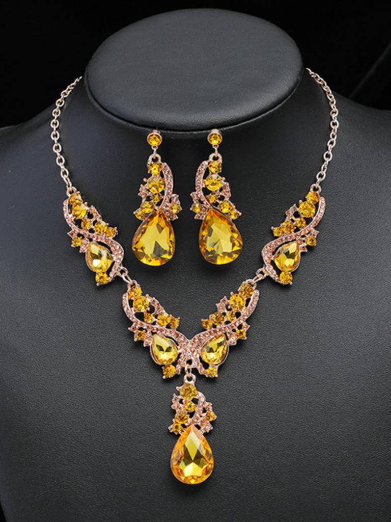 3-teiliges Damen Luxus Wassertropfen Glas Kurzes Halsketten Ohrring Set Schlüsselbein Kleid Party Accessoires Damen Halskette Zirkon Geschenke