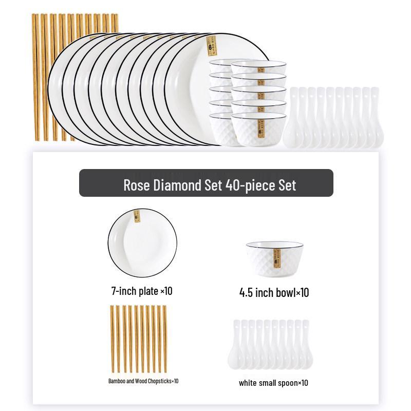 Nordic Style 45-Piece Tableware Set: Plates, Rice Bowls, Diamond Soup Bowls, and Fish Plates for 10 People