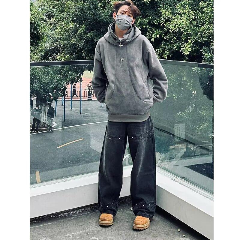 High Street Džínové Kalhoty pro muže, Retro Distressed, Volné Rovné Kalhoty, Široké Sportovní Kalhoty, Trendy