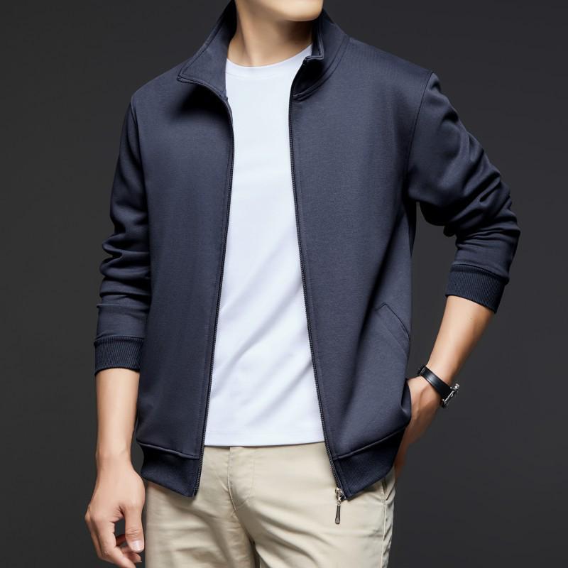 2025 Autumn Men's Stand-Up Collar Combed Cotton Jacket: Casual Sport Fashion Solid Color Cardigan Sweatshirt