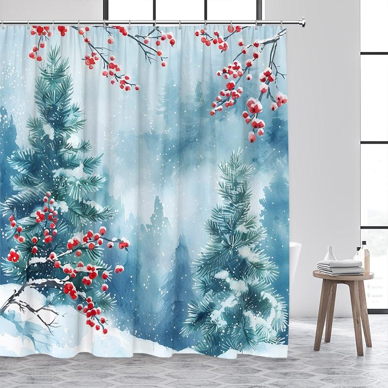 Winter Forest Landscape Shower Curtains Cedar Red Berries Watercolour Art Snow Scenery Fabric Bathroom Curtain Decor With Hooks