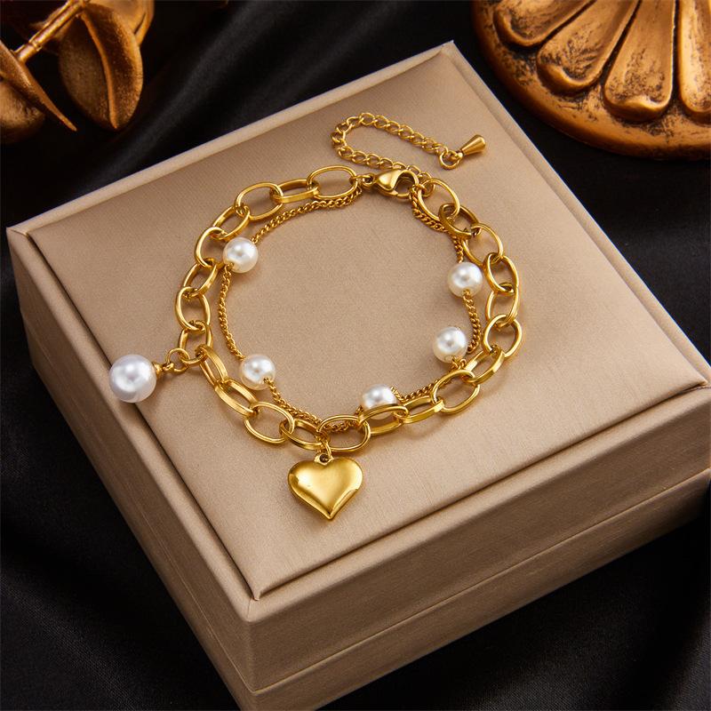 Gold Plated Stainless Steel Double Layer Heart Charm Bracelet