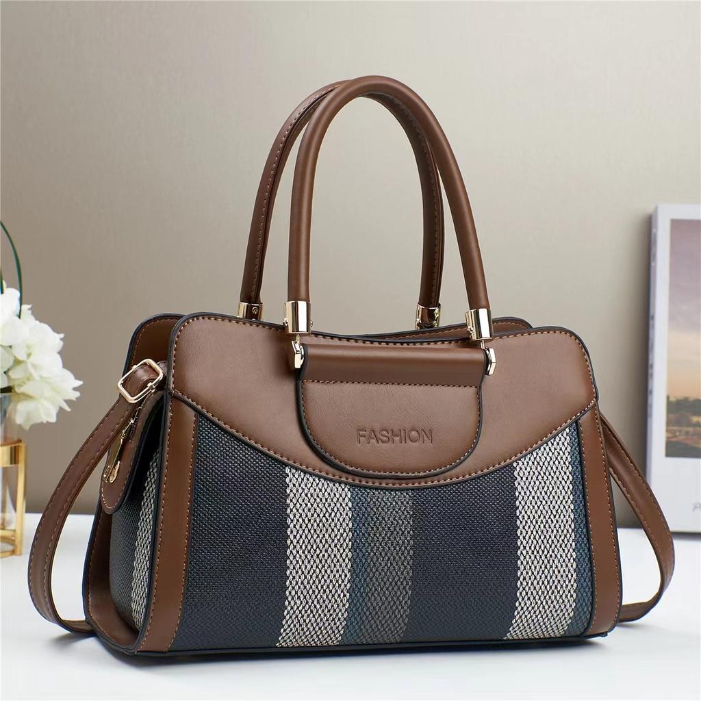 Women's Tote Bag with Brown and White Striped Design, Casual Handbag Large Capacity Top-Handle Bag For Commuting Shopping