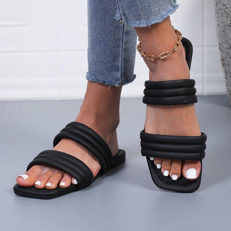 Women's Wide Width Square Toe Slides - Flat Sole Single Strap Sandals for Summer, Outdoor Casual Mules
