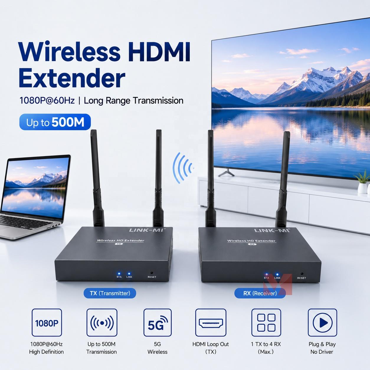 1080P60Hz 500M HDMI Wireless Extender Tx Rx 5G with Local HD Video Loop Output Support 1 to Multiple Transmitter x1