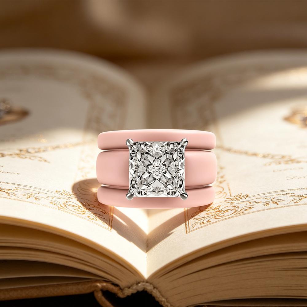 Princess Cut Cubic Zirconia Ring with 3-Layer Pink Ceramic Band, Modern Chunky CopperPlated Statement Ring, Bridal Promise Jewe