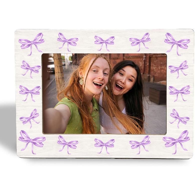 Coquette Bow Picture Frame - Pink Preppy Bows Design Gifts Wooden Photo Frame 4x6, Girls Room Sister Gifts Purple Bow