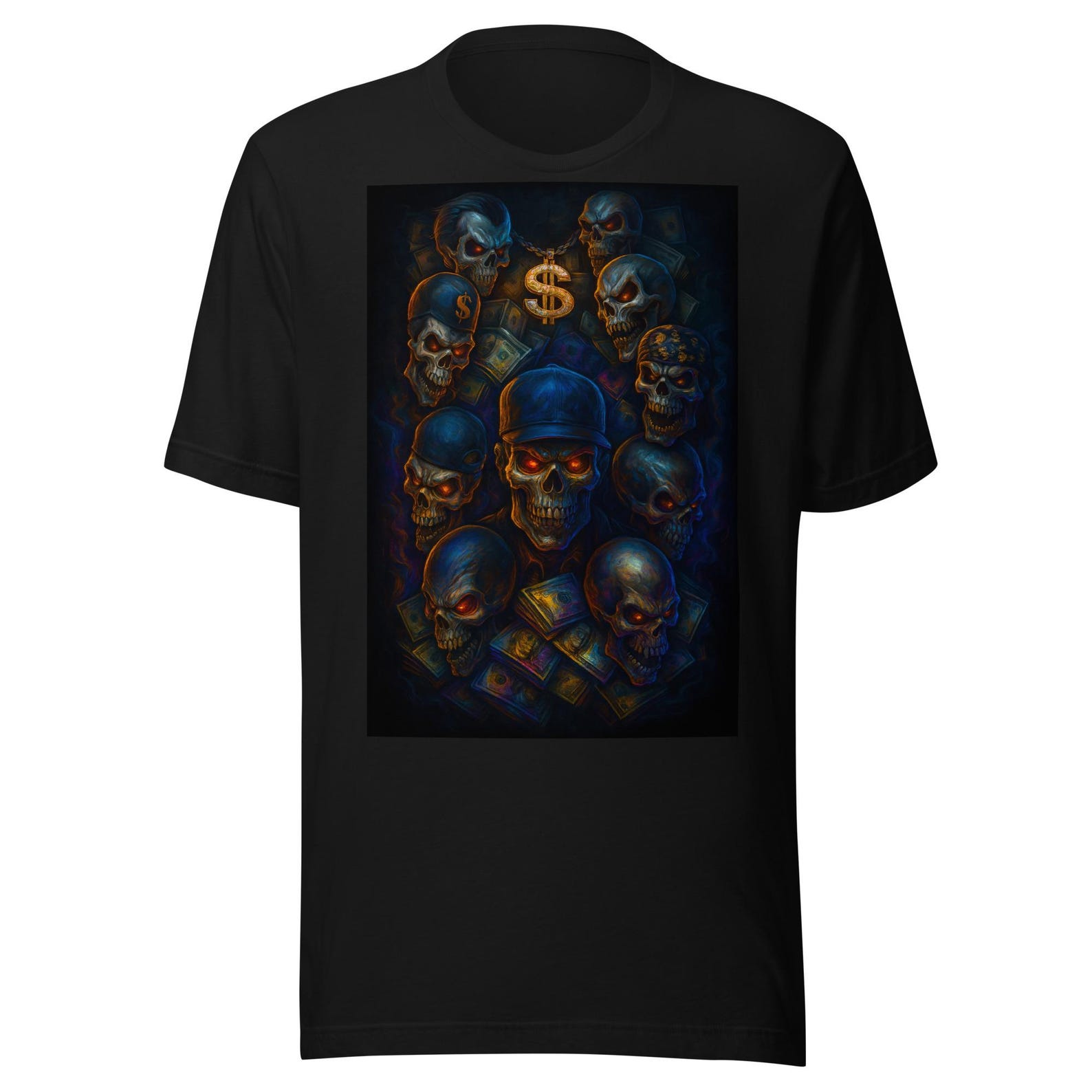Skull Hustle Brotherhood Art – Dark Skulls, Money Stack & Dollar Chain Unisex t-shirt 4XL