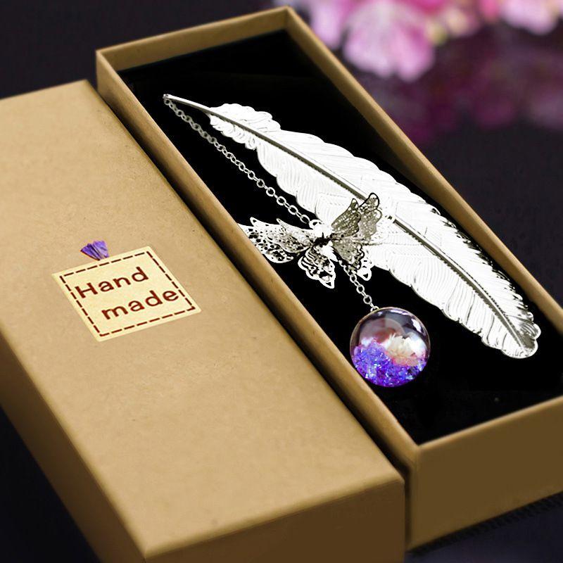 Vintage Metal Butterfly Feather Bookmark With Realistic 3d Pendant